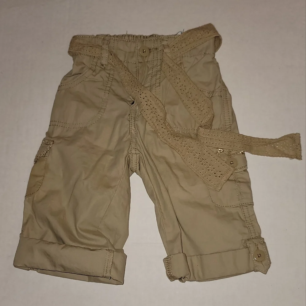 Child's Place Tan rolled cuff pants slacks decorative floral pockets with belt